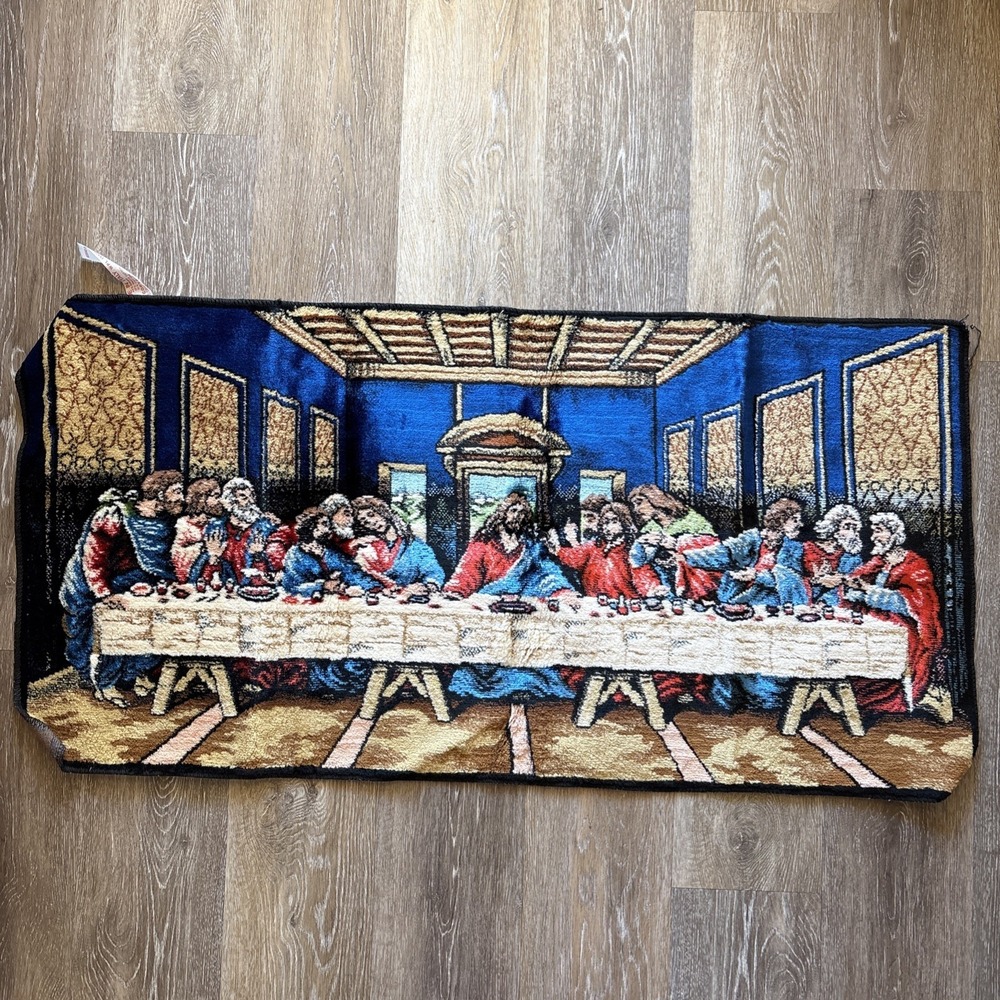 Vtg Jesus Last Supper Rug Tapestry Plush Wall Hanging Decor 38.75x19.5" Italy
